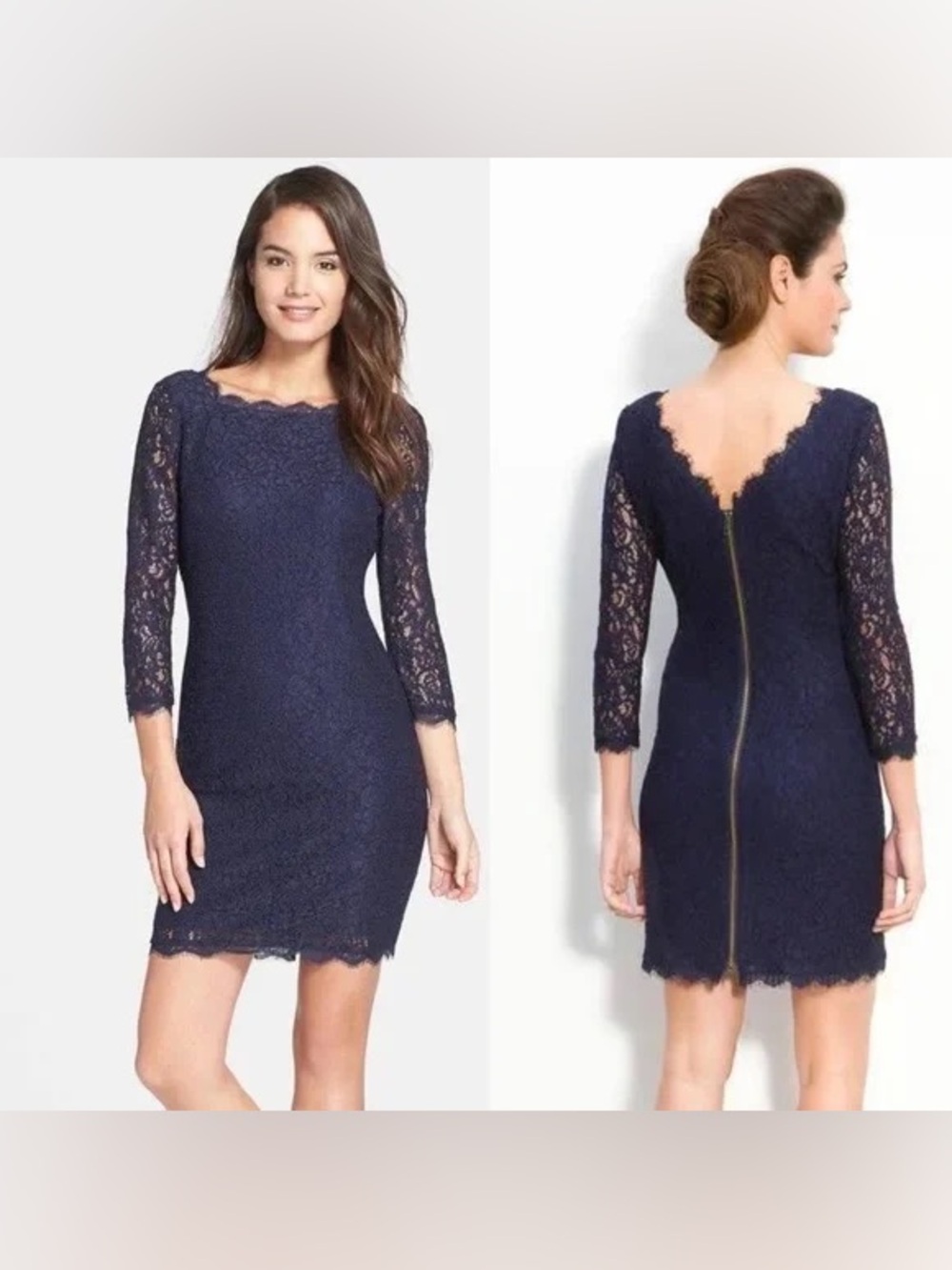 Adrianna Papell Navy Lace Long-Sleeve Sheath Dress with Zip Back Sz 14